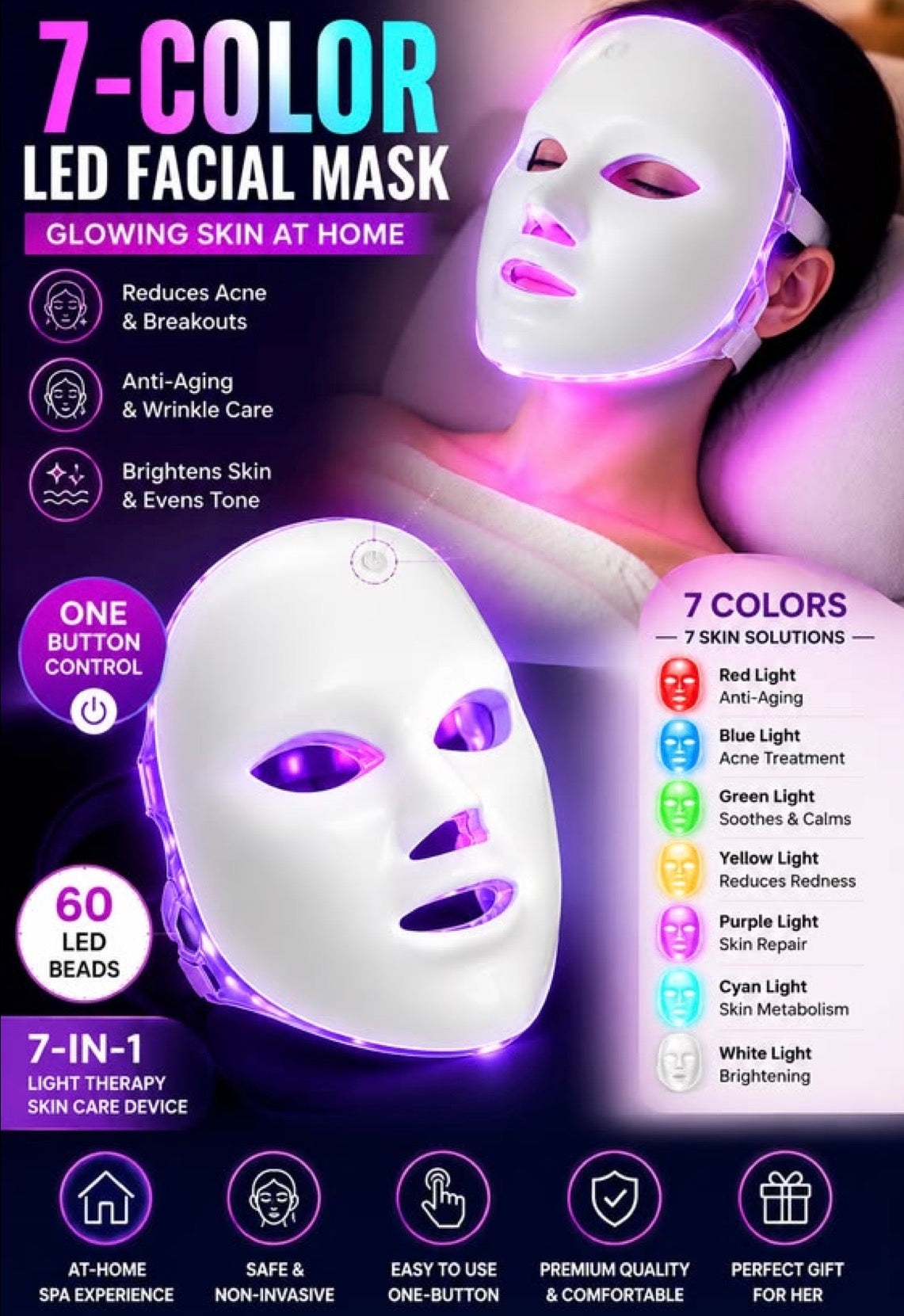 7-Color LED Face & Neck Mask | Light Therapy for Glowing Skin